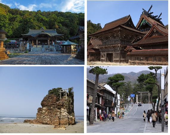 左上：一畑薬師　左下：稲佐の浜　右上：八足門　右下：神門通り　※イメージ