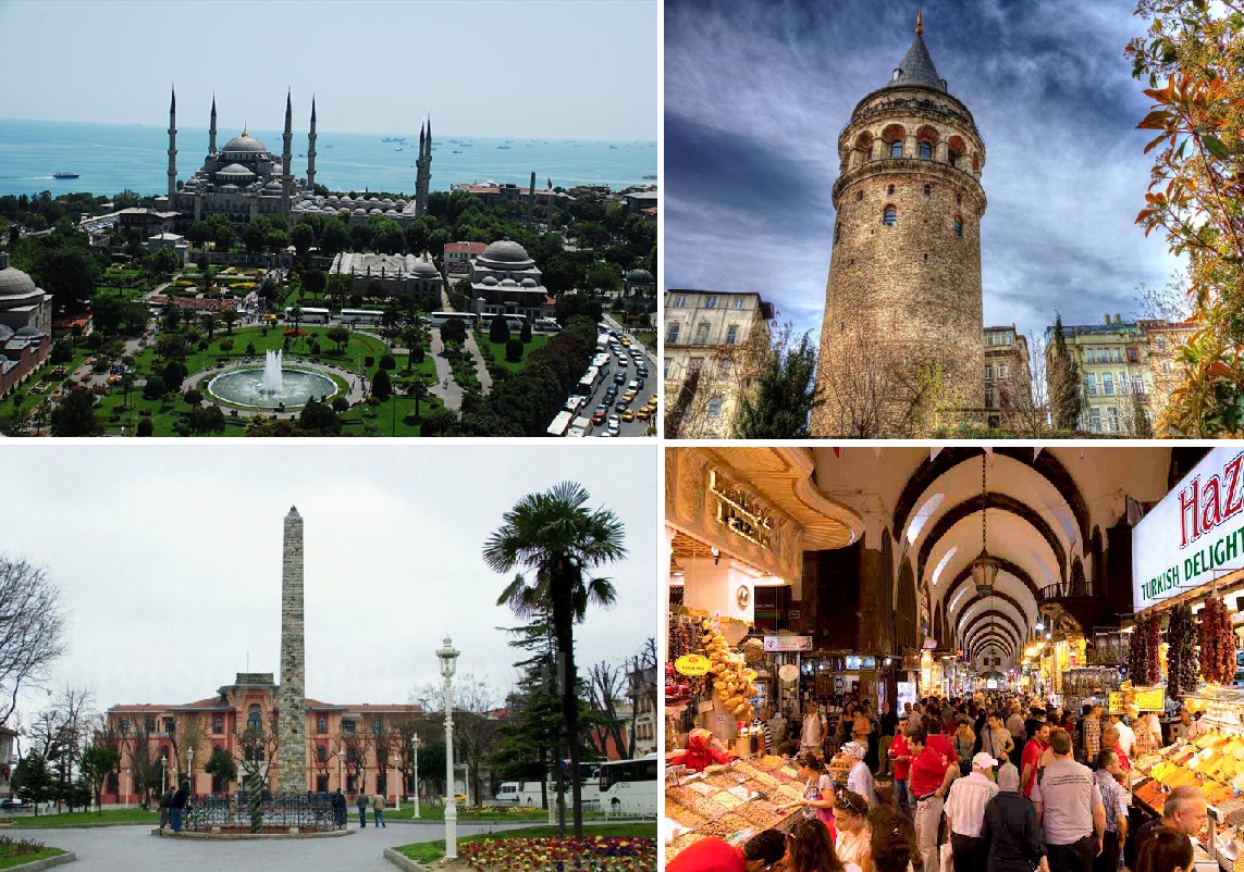 左上：ブルーモスク　右上：ガラタ塔　左下：ヒポドローム　右下：エジプシャンバザール　イメージ