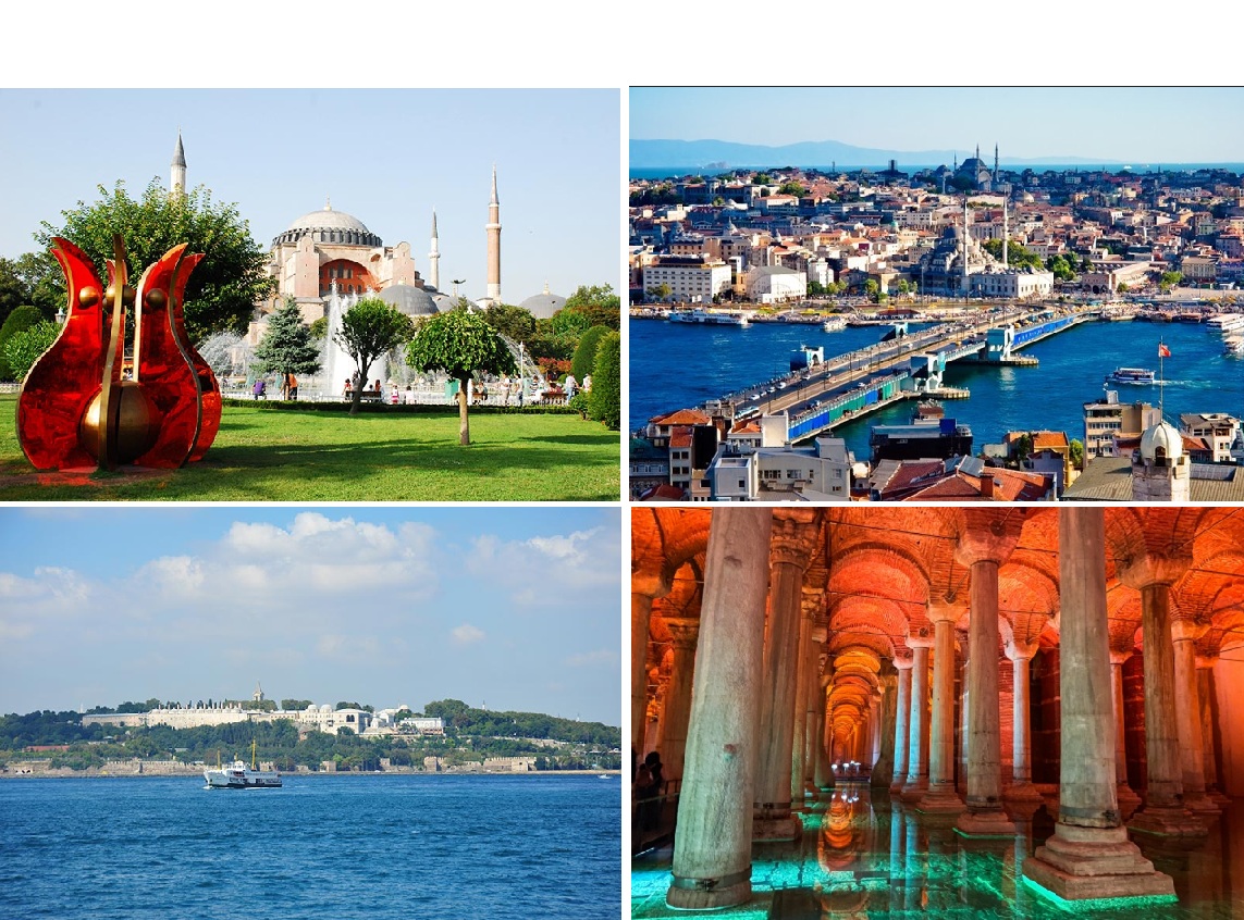 左上：アヤソフィア　右上：イスタンブール遠景　左下：ボスポラスクルーズ　右下：地下宮殿　イメージ