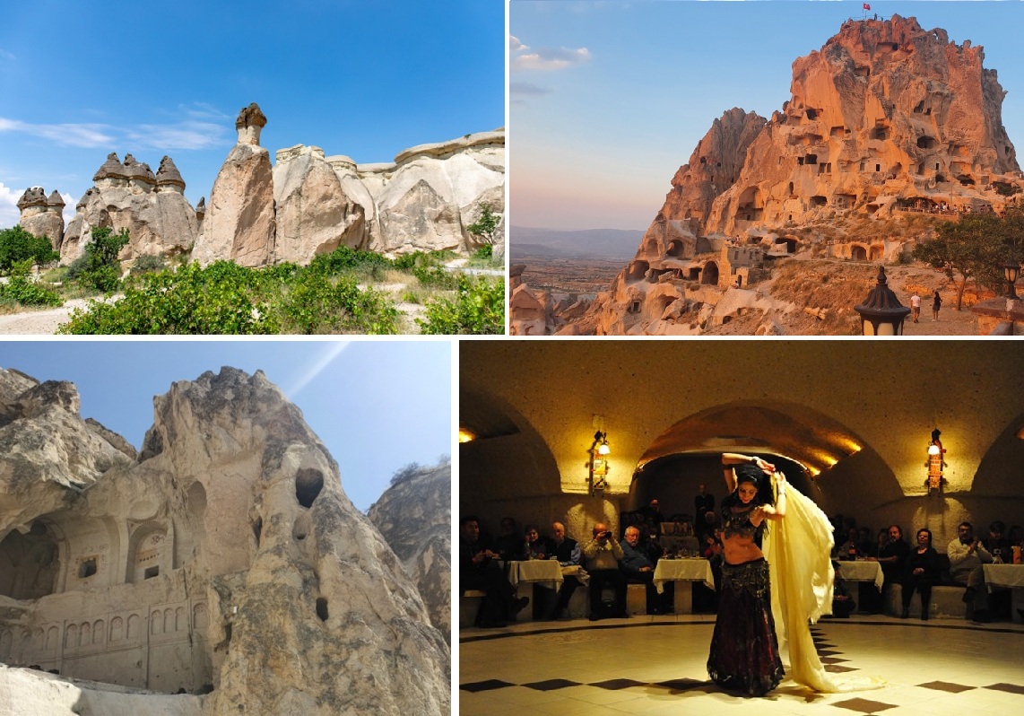左上：ゼルベの谷のきのこ岩　右上：ウチヒサール城　左下：ギョレメ野外博物館　右下：ベリーダンス　イメージ