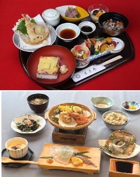(上段)1日目：半月御膳　(下段)2日目：海鮮瓦そばと山口県産剣先いか姿定食