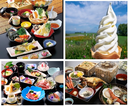 上段(左）ひるぜん高原昼食　(右)食後のソフトクリーム　下段(左)旅館での夕食　(右)鳥取砂丘昼食