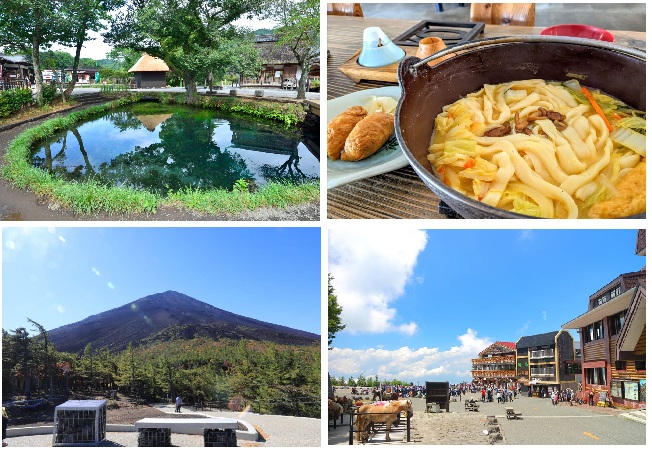 左上：忍野八海湧池　左下：富士山五合目　右上：3日目昼食（ほうとう）　右下：富士山五合目　※写真はイメージ