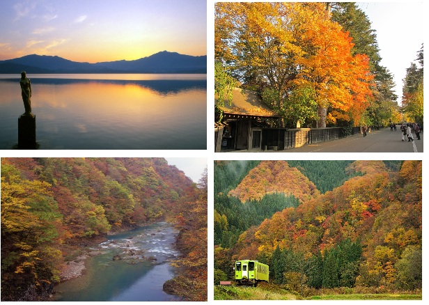 左上：夕景のたつこ像　左下：抱返り渓谷　右上：角館武家屋敷通り　右下：秋田内陸縦貫鉄道　※イメージ