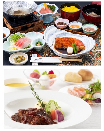 (昼食イメージ)　上段　1日目：金目鯛しゃぶしゃぶと漁師煮膳　下段　2日目：ビーフシチューランチ