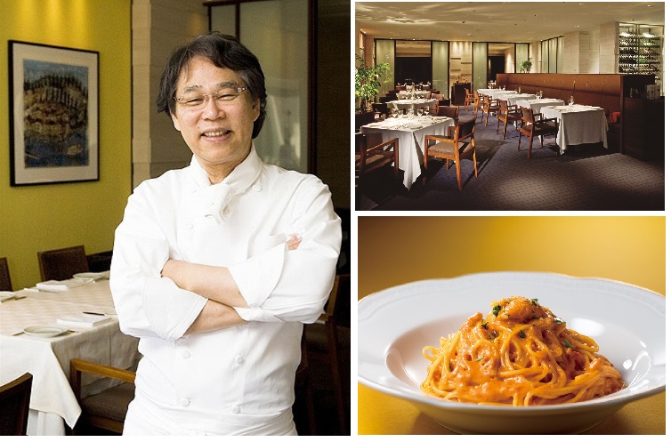左：片岡護シェフ　右上：レストランアルポルト店内イメージ　右下：生雲丹パスタ